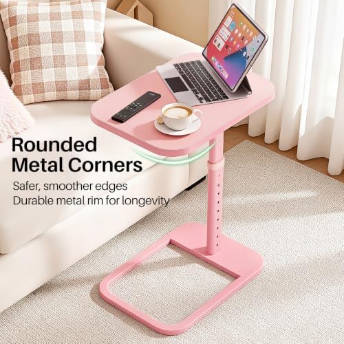 Kitstorack Upgraded TV Tray Table with Panel Lock, 90° Flip-Over Design & Adjustable Height, Sofa Arm Side Table for Eating, Laptop, Couch, Bed, or Small Spaces, Pink