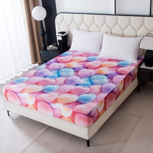 Bedding Fitted Sheet with Deep Pocket,3D Pattern Sweet Heart Printed Fabric Bed Sheets (Pink Heart, Queen)
