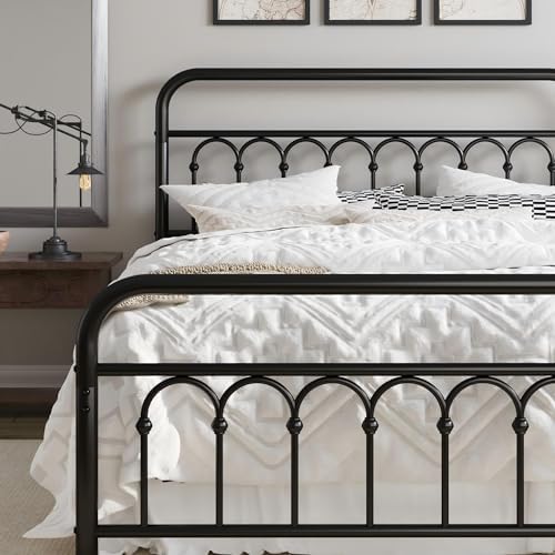 Allewie Queen Size Metal Platform Bed Frame with Headboard, Black