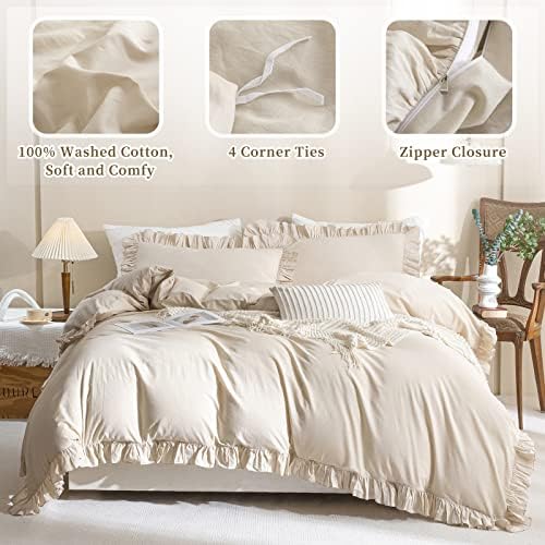 Washed Cotton Queen Duvet Cover Set Ruffle Duvet Cover Linen Textured Farmhouse Shabby Vintage Chic Bedding Comforter Cover 3 Pieces Aesthetic French Country Queen Bed Set