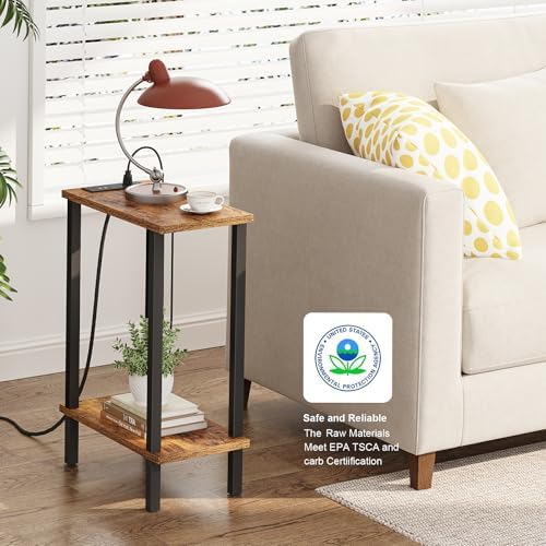 TUTOTAK Narrow Side Table, 2-Tier Small End Table with Charging Station