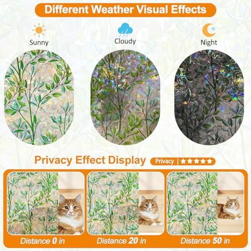 Countewol Privacy Window Films Stain Glass Cling No Glue Anti-UV Window Sticker for Bathroom Bedroom Living Room(Leaf Rainbow 157.4" L*17.5" W)