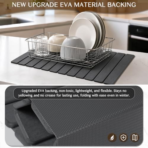 Extra Large Stone Dish Drying Mat for Kitchen Counter, Thin & Light Quick Dry Stone Dishes Mat, Foldable Water Absorbing Diatomite Drying Pad for Kitchen Bathroom Sink Countertop (Pure Gray 32"x16")