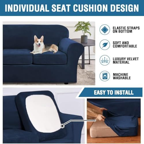 H.VERSAILTEX High Stretch Sofa Slipcover 4 Piece Cover Velvet Furniture Protector Form Fit Thick Velvet Extra Large Sofa Cover for 3 Cushion Couch Width Up to 97 Inch (Large Sofa, Navy)