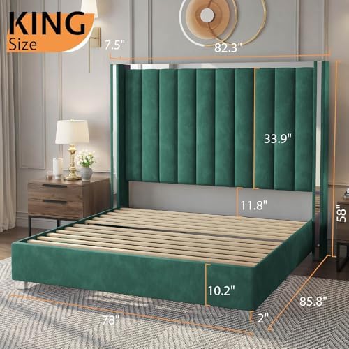 Jocisland King Size Upholstered Bed Frame with 58" Tall Headboard, Green