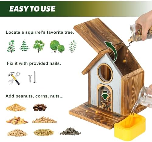 MIXXIDEA Wooden Squirrel Feeder, Large Capacity Squirrels Feeders for Outside, Sturdy Construction, No Assembly Lovely Chipmunk Feeder for Corn, Peanut, Nuts, Chestnuts (XL Size with Water Bowl)