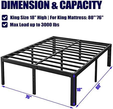 Hunlostten 18in High King Bed Frame No Box Spring Needed, Heavy Duty King Platform Bed Frame with Round Corners, Easy Assembly, Noise Free, Black