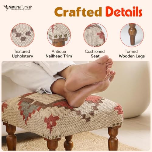 Handmade Jute Upholstered Ottoman Stool | Square Foot Rest with Wooden Legs | Decorative Accent Seating for Bedroom, Living Room, Entryway, Vanity & Hallway (Beige-Red)