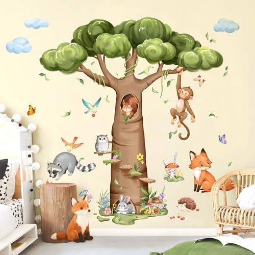 Tanlaby Woodland Animal Tree Wall Decals Rabbit Fox Monkey Wall Stickers