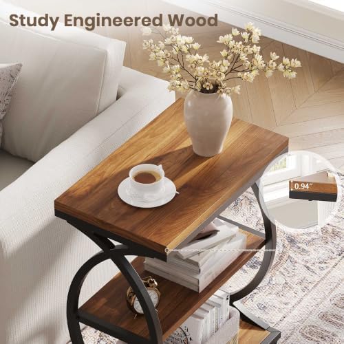 Vabches Narrow Side Table with Storage Shelf,3-Tier End Table with Artistic Curved Metal Frame,Industrial Bedside Tables for Small Space,Living Room,Bedroom,Home Decor,Walnut & Black