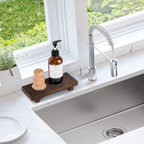 Bathroom Sink Tray Wood Riser Display Kitchen Decor Soap Holder, Walnut
