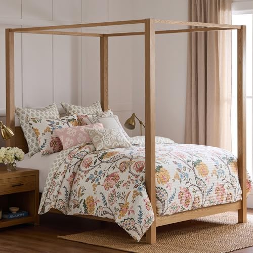 Levtex Home - Maileen Dusty Rose Quilt Set - Twin Quilt and One Standard Sham - Floral - Dusty Rose Ochre Blue Green Brown Off-White - Quilt (68x86in.) and Sham (20x26in.) - Reversible - Cotton