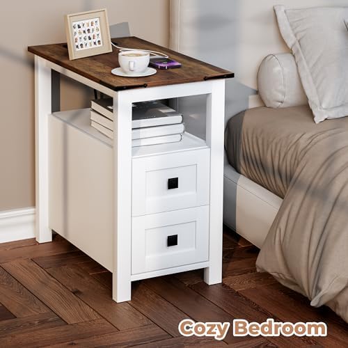 VVFLU Farmhouse End Table with Charging Station and 2 Storage Drawers, White Wood Nightstand Narrow, Skinny Side Table Rustic, Slim Bedside Table, Open Shelf, Small for Bedroom, Living Room, Sofa