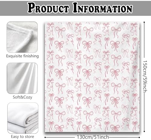 Pink Bow Throw Blanket for Couch, Girly Room Decor Aesthetic, Coquette Pink Ribbon Bow Throw Blanket for Girls Bedroom Dorm Living Room Home Decoration, 50x60 Inches
