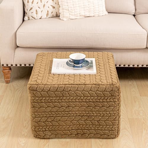Poofieotto Fluffy Square Pouf Ottoman,Couch Foot Rest, Coffee, 20x20x14 in