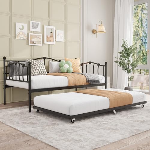 GarveeHome Twin Daybed with Trundle, Metal Sofa Bed Frame with Steel Slat Support, Twin Size Space-Saving Furniture for Living Room, Bedroom, Love Heart Design, No Box Spring Needed, Black