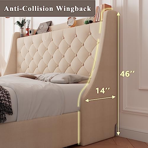 Feonase Upholstered Full Size Bed Frame with 4 Storage Drawers, Charging Station and Tufted Wingback Storage Headboard, No Box Spring Needed, Easy Assembly, Beige