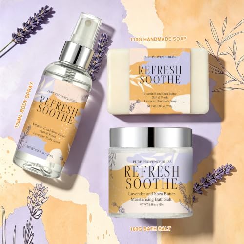 Spa Gift Set for Women, 6Pcs Lavender Bath Gift Set Home Spa Kit with Bath Salts Body Butter Shower Gel Essential Oil Candle Soap Self Care Gifts for Her Birthday Mother's Day Christmas