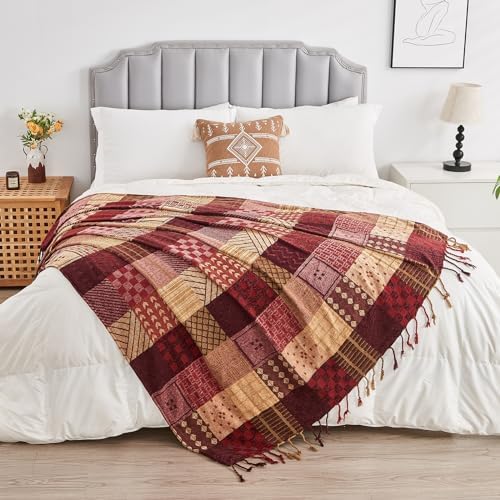 Boho Throw Blanket,Patchwork Large Blankets for Sofa Double Bed Armchair Couch,Weighted Soft Furniture Throws,Tassels Chenille Throws and Blankets for Bohemian Decor (86"*102")…