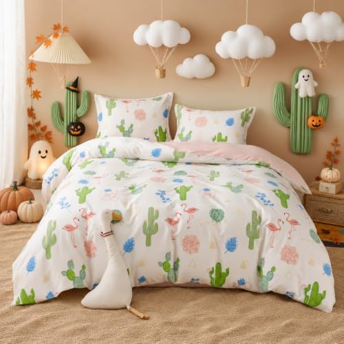 Simple&Opulence 100% Organic Cotton Duvet Cover for Kids Teens, 4 Pieces Soft Comforter Cover with Zipper Closure Warm Adorable Flamingo Bedding Set - Cactus, Full/Queen