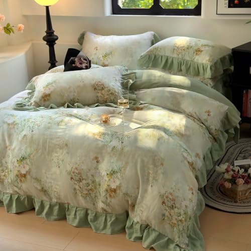 Romantic Ruffle Floral Duvet Cover Set Twin Sage Green