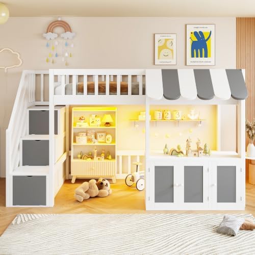 LUMISOL Twin Size Loft Bed with Storage Steps and Under Bed Cabinets, Playhouse Loft Bed Frame with LED Light, White+Gray