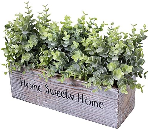 1 Pcs Wooden Potted Eucalyptus Plant Greenery Arrangement Artificial Eucalyptus Plant in Rectangular Wood Planter Box for Rustic Farmhouse Indoor Centerpiece Tabletop Window Sills Kitchen Shelf Decor