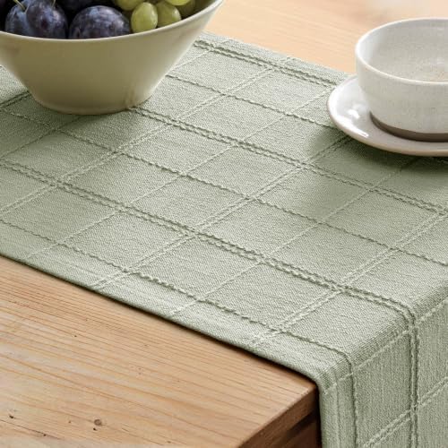 ZeeMart Linen Checked Farmhouse Table Runner, 13x72 Inches Seeding Green