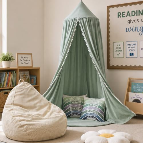 Kids Reading Nook Set with Canopy Tent, Bean Bag Cover & Pillow,Green