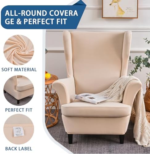 Wingback Chair Slipcover 2 Piece Stretch Armchair Cover Furniture Protector Washable Spandex Wing Beige Chair Covers for Living Room