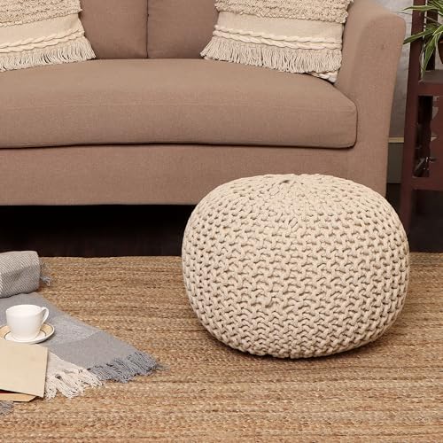 · REDEARTH · Round Pouf Ottoman - Hand Knitted Boho Poof Footrest - Ivory