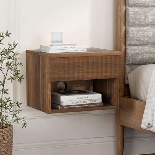 Floating nightstand Set of 2，Modern Fluted Bedside Tables with Drawer & Open Shelf Brown