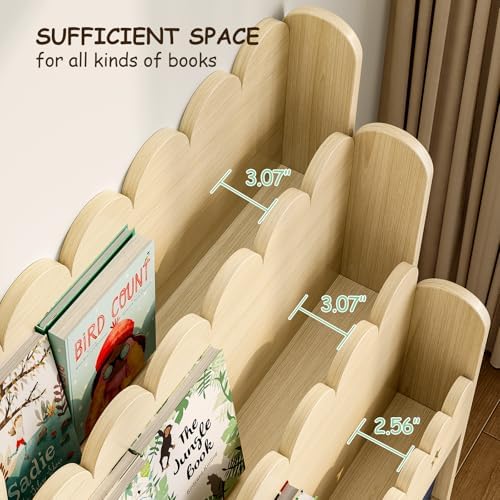 EXPERLAM Scalloped Bookshelf for Kids, 3-Tier Front Facing Book Display Shelf, Solid Wood Montessori Bookcase Organizer for Bedroom, Nursery, Playroom & Classroom