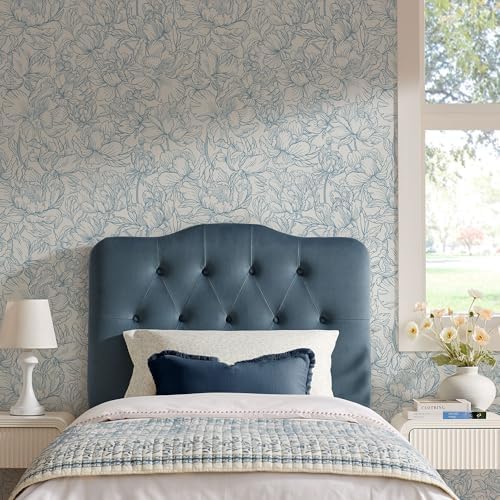 Modway Annabel Performance Velvet Adjustable Twin Headboard in Cadet Blue - Stain-Resistant Padded Headboard Only with Diamond Button Tufting and 7 Height-Adjustable Positions