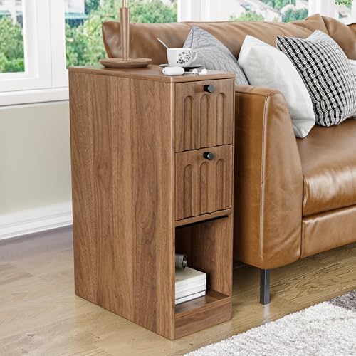 Narrow Walnut Nightstand Set of 2, Small Bedside Table, Wood Nightstand with Arched Drawer, Side End Table, Mid Century Modern Night Stand, Bedroom, Small Spaces, Slim