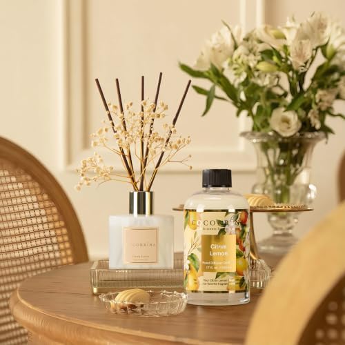 Cocorrína Reed Diffuser Refill Citrus Lemon 17oz (500ml) with 8 Rattan Sticks - Premium Long-Lasting Essential Oil, Home Fragrance for Bedroom, Bathroom Home Decor