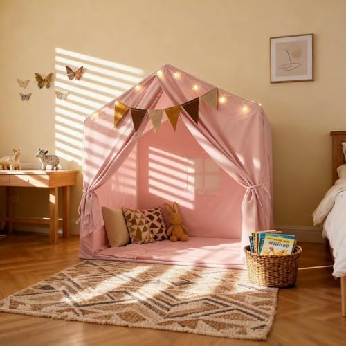 Kids Play Tent, Indoor Playhouse with Mat/Star Lights/Flag - Large 52"x35"x52" Play Tent for Kids, Reading Nook & Playroom Canopy for Boys and Girls (Pink)