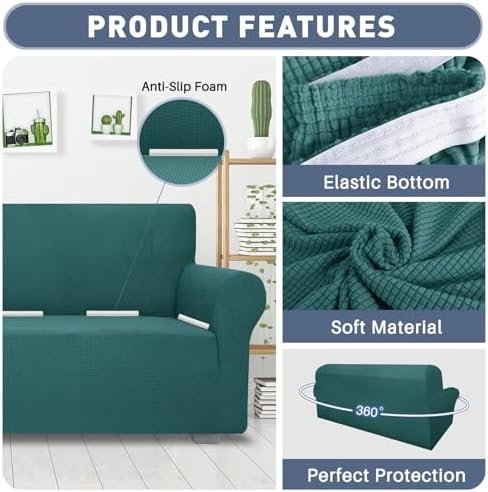 JIVINER Super Stretch Chair Slipcovers with Arms 1-Piece Jacquard Small Checks Living Room Armchair Covers Soft Anti Slip Sofa Couch Furniture Protector for Kids Pets (Chair, Blakish Green)
