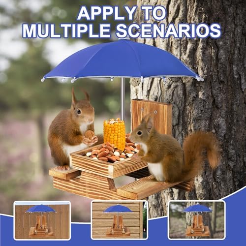 Gnodary Squirrel Feeder with Umbrella, Squirrel Feeders for Outside, Squirrel Picnic Table Feeder - Chipmunk Feeder Hold Corn, Corn Cob, Peanuts Style2 (Blue)