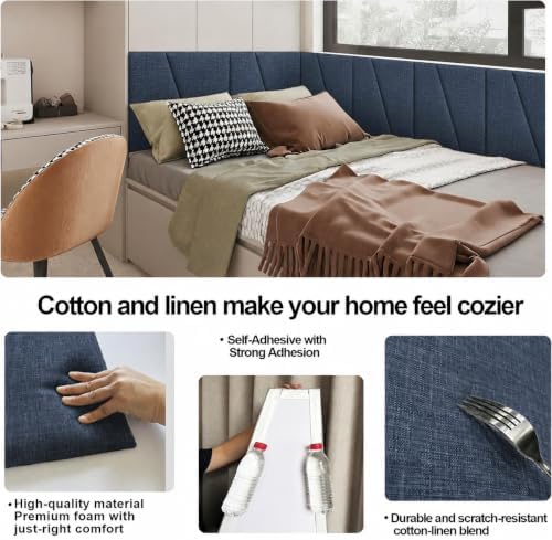 Peel and Stick Headboard Panels for Bed，Soft Padded Fabric Noise-Reducing Panels with Modern Stylish Design for Bedroom Decor (Dark Blue, King)