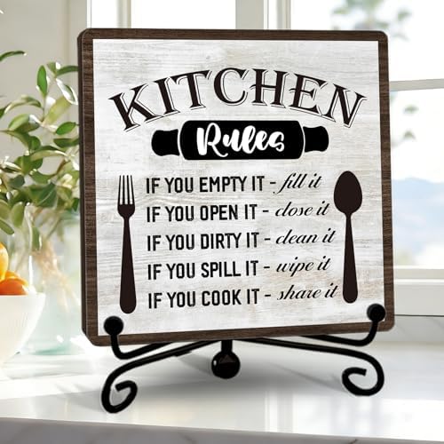 DETIHO Farmhouse Kitchen Decor, Rustic Kitchen Rules Sign Counter Decor