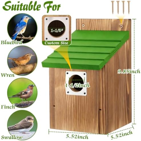 Dreyoo 4 Pack Bluebird Houses for Outside with Metal Predator Guard, 1-1/2" Entrance Hole Wooden Blue Bird Houses for Outdoors, Bluebird Nesting Box (Green Roof, Burnt Wood Body)