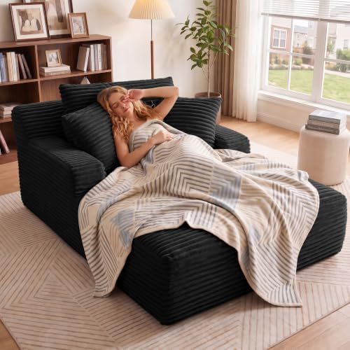 66" Chaise Lounge Chair Indoor, Corduroy Upholstered Reading Chair Oversized Boneless Chair with Deep Seat, Cloud Lounge Chair with 3 Pillows for Living Room, Bedroom, No Assembly Required
