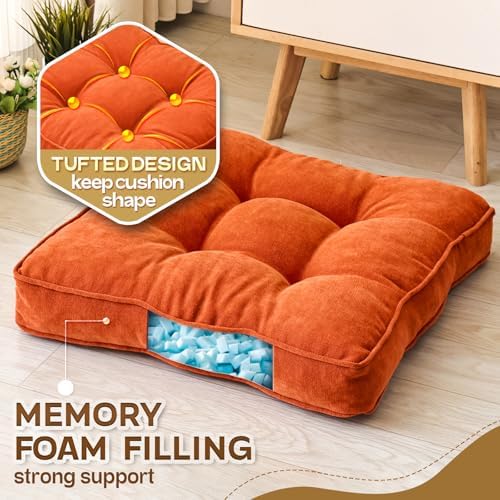 MIDDLE ONE Floor Pillow Set of 2, Memory Foam Cushion 22x22 – Square, Orange
