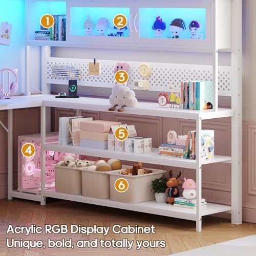 ADORNEVE Loft Bed Full Size with Gaming Desk, Arcylic RGB Hutch, White
