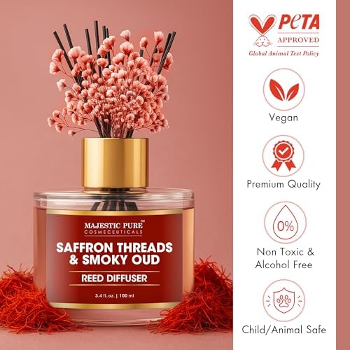 Majestic Pure Saffron & Oud Reed Diffuser, 3.4 fl oz | Long Lasting Oriental Fragrance for Home & Office