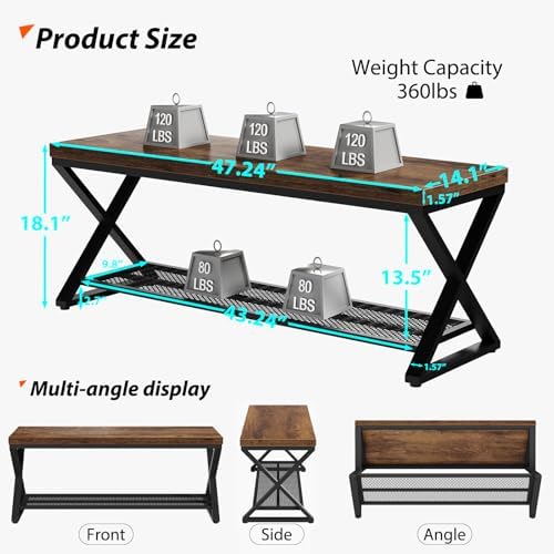 LVB Rustic Brown Entryway Bench, 47” Industrial Shoe Bench with Storage