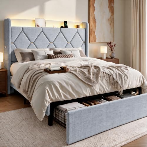 SHA CERLIN Queen Size Bed Frame with Storage Drawer & LED Lights, Grey