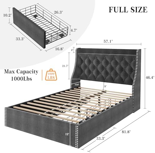 Upholstered Full Bed Frame with 4 Storage Drawers, Wingback Headboard with Charging Station, Diamond Stitched Button Tufted Design, No Box Spring Needed, Grey