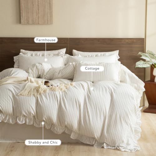 3PCs Washed Cotton Striped Ruffle Duvet Cover Set Queen Size,White Dark Grey Wide Stripes Ruffled Bedding Quilt Cover Extra Soft Lightweight Farmhouse Chic Comforter Cover Set with Pillow Shams